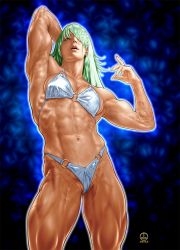 Rule 34 | 1girl, bikini, breasts, dairoku tenma, extreme muscles, female focus, gradient background, green hair, muscular, nwa, solo, source request, swimsuit