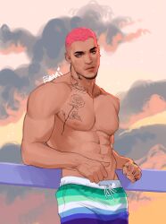 Rule 34 | 1boy, abs, bara, bored, chest tattoo, cowboy shot, esaart, facial hair, flower tattoo, gay male pride flag, goatee, heterochromia, highres, large pectorals, looking at viewer, male focus, male swimwear, mature male, muscular, muscular male, mustache stubble, navel, nipples, original, pectorals, pink hair, print male swimwear, short hair, solo, stomach, stubble, swim trunks, tattoo, thick eyebrows, topless male, undercut