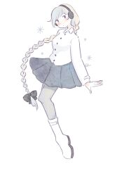 Rule 34 | 1girl, black skirt, blush, boots, braid, braided ponytail, breasts, closed mouth, coat, commentary request, dot mouth, earmuffs, floating, floating hair, full body, grey eyes, grey hair, grey pantyhose, head tilt, highres, knee boots, large breasts, long hair, long sleeves, looking at viewer, mizube haruka, pantyhose, pleated skirt, sekka yufu, signature, skirt, snowflakes, solo, utau, very long hair, white coat, white footwear, winter clothes, winter coat