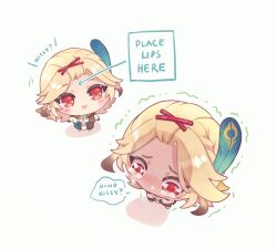 Rule 34 | 1boy, blonde hair, chibi, crying, english text, feather hair ornament, feathers, genshin impact, hair ornament, hairpin, highres, kaveh (genshin impact), male focus, ooedogyuudon, open mouth, red eyes, simple background, smile, solo, white background