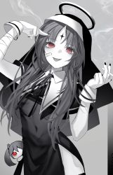 Rule 34 | 1girl, aono 99, bandages, bandaid, bandaid on face, cigarette, dress, greyscale, habit, halo, hatsune miku, highres, holding, holding cigarette, kamippoina (vocaloid), long hair, monochrome, nun, red eyes, smoke, solo, spot color, tongue, tongue out, vocaloid