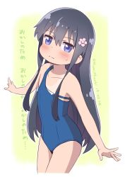 Rule 34 | 1girl, artist name, bad id, bad twitter id, bare arms, bare shoulders, blue eyes, blue hair, blue one-piece swimsuit, blush, closed mouth, commentary request, competition school swimsuit, cropped legs, dated, flat chest, flower, frown, gradient background, green background, grey hair, hair between eyes, hair censor, hair flower, hair ornament, hiyori mizuki, long hair, new school swimsuit, one-piece swimsuit, one-piece tan, outline, outstretched arms, pink flower, purple eyes, school swimsuit, shirosaki hana, sidelocks, signature, simple background, solo, strap slip, sweatdrop, swimsuit, tan, tanline, translation request, twitter username, very long hair, watashi ni tenshi ga maiorita!, wavy mouth, white background, white outline