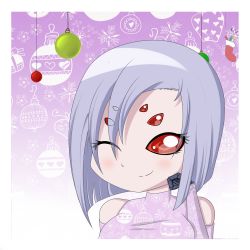 Rule 34 | 1girl, arachne, arthropod girl, border, chibi, christmas, christmas ornaments, christmas stocking, claws, closed mouth, detached sleeves, extra eyes, eyes visible through hair, highres, insect girl, light purple hair, monster girl, monster musume no iru nichijou, one eye closed, portrait, rachnera arachnera, red eyes, smile, solo, spider girl, staticwave, taur, white border