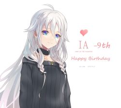 Rule 34 | 1girl, ahoge, anniversary, artist name, black shirt, blue eyes, braid, cevio, character name, chinese commentary, commentary, hair tie, happy birthday, heart, ia (vocaloid), jewelry, long hair, looking at viewer, maboroshi hane, necklace, off-shoulder sweater, off shoulder, resolution mismatch, ribbed sweater, shirt, silver hair, smile, solo, source larger, sweater, twin braids, upper body, very long hair, vocaloid, white background