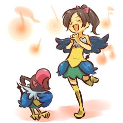 Rule 34 | 00s, 1girl, :d, bare shoulders, black hair, blush stickers, bow, chatot, closed eyes, creatures (company), dress, game freak, gen 4 pokemon, hair bow, hitec, moemon, music, musical note, nintendo, open mouth, personification, pinky out, pokemon, pokemon (creature), pokemon dppt, ponytail, singing, smile, tail, thighhighs, wings, zettai ryouiki
