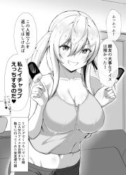 Rule 34 | 1girl, blush, breasts, camisole, cleavage, collarbone, food, greyscale, hair between eyes, hair ornament, hairclip, highres, japanese text, kasabuta9500, large breasts, monochrome, navel, original, popsicle, shirt, short shorts, shorts, sleeveless, smile, speech bubble, stomach, teeth, toned stomach, translation request, twintails