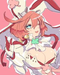 Rule 34 | 1girl, animal ears, blush, breasts, cleavage, elphelt valentine, guilty gear, guilty gear xrd, hat, large breasts, open mouth, oro (sumakaita), pink hair, rabbit ears, short hair, smile, solo