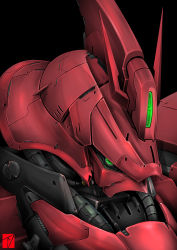 Rule 34 | black background, char&#039;s counterattack, denjyou23, green eyes, gundam, highres, looking to the side, mecha, no humans, one-eyed, robot, sazabi, science fiction, solo, upper body, v-fin, zeon