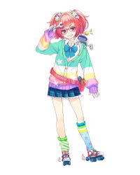 Rule 34 | 1girl, asymmetrical legwear, belt, bow, bowtie, cardigan, dress shirt, eyebrows, full body, girlfriend (kari), glasses, gloves, grin, hair ornament, hand on own hip, holding, looking at viewer, mismatched legwear, nejikawa raimu, official art, patterned legwear, pink-framed eyewear, pink hair, plaid, plaid skirt, pleated skirt, purple eyes, qp:flapper, robot, roller skates, salute, shirt, shoes, short hair, simple background, skates, skirt, sleeves past wrists, smile, sneakers, socks, solo, star (symbol), star hair ornament, star print, striped clothes, striped legwear, striped socks, striped sweater, sweater, twintails, white background, white gloves, wrench