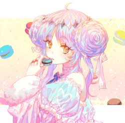 Rule 34 | 1girl, ahoge, blue hair, blue ribbon, commentary request, double bun, eating, eyelashes, food, fur-trimmed sleeves, fur trim, hair bun, hair ribbon, looking at viewer, mint5464, neck ribbon, original, parted bangs, parted lips, puffy sleeves, ribbon, solo, star-shaped pupils, star (symbol), sweets, symbol-shaped pupils, thick eyebrows, upper body, yellow eyes