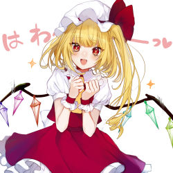 Rule 34 | 1girl, blonde hair, commentary request, daimaou ruaeru, flandre scarlet, hat, hat ribbon, highres, long hair, looking at viewer, mob cap, open mouth, puffy short sleeves, puffy sleeves, red eyes, red ribbon, red skirt, ribbon, short sleeves, side ponytail, simple background, skirt, skirt set, smile, solo, touhou, vest, white background, white hat, wings, wrist cuffs