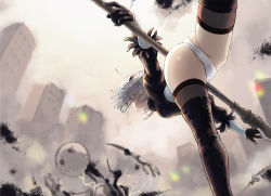 Rule 34 | 1girl, ass, black footwear, black gloves, black hairband, boots, breasts, building, feather-trimmed sleeves, feather trim, from behind, gloves, grey thighhighs, hairband, leg up, leotard, leotard under clothes, medium breasts, nier (series), nier:automata, robot, short hair, solo, standing, standing on one leg, thigh boots, thighhighs, twitter username, white hair, white leotard, 2b (nier:automata), yuuzuki rairaku