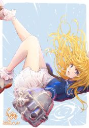 Rule 34 | 1girl, adapted turret, aiming, black neckerchief, blonde hair, blue eyes, blue sailor collar, cannon, commentary request, dress, falling, full body, highres, jervis (kancolle), kantai collection, ld (luna dial398), looking at viewer, neckerchief, sailor collar, sailor dress, short sleeves, socks, solo, turret, white dress, white headwear, white socks