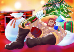 Rule 34 | 1boy, abs, alternate costume, bara, beard, boots, bottle, christmas, christmas tree, covering crotch, covering privates, dark-skinned male, dark skin, elbow gloves, facial hair, fate/zero, fate (series), full beard, full body, genta iwayama, gloves, hat, hat over crotch, iskandar (fate), large pectorals, leather, leather boots, male focus, mature male, muscular, muscular male, nipples, nude, pectorals, red eyes, red hair, red hat, sack, santa costume, santa hat, short hair, sideways glance, single elbow glove, smile, solo, spread legs, thick beard, thick eyebrows, thick thighs, thighs, wine bottle