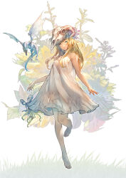 Rule 34 | 1girl, absurdres, animal skull, arms at sides, barefoot, blonde hair, breasts, closed mouth, commission, dragon, dress, floating, floral background, green eyes, highres, long hair, looking at viewer, original, shukei, skeb commission, skull on head, sleeveless, sleeveless dress, small breasts, smile, solo, sundress, western dragon, white dress
