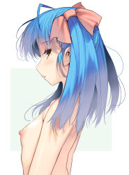 Rule 34 | 1girl, blue hair, flat chest, hair ribbon, highres, kouno (masao), long hair, looking at viewer, nipples, nude, orange eyes, original, profile, ribbon, simple background, solo, twintails, two-tone background, upper body