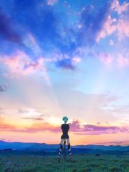 Rule 34 | androgynous, artist request, back, bad id, bad twitter id, black neckwear, black shorts, blue sky, cloud, cloudy sky, colorful, from behind, gem uniform (houseki no kuni), gender request, golden arms, green hair, high heels, houseki no kuni, landscape, morning, mountain, night, orange theme, outdoors, phosphophyllite, rising sun flag, scenery, shirt, short hair, short sleeves, shorts, sky, solo, spoilers, standing, star (sky), starry sky, sun, sunburst, sunlight, sunrise, uniform, weapon