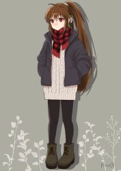 Rule 34 | 1girl, ahoge, alternate costume, bell, black coat, black pantyhose, blush, boots, brown hair, casual, closed mouth, coat, commentary, floral print, fringe trim, full body, grey background, hair bell, hair between eyes, hair ornament, hair ribbon, hands in pockets, highres, jingle bell, little busters!, long hair, looking afar, looking at viewer, natsume rin, nose blush, open clothes, open coat, pantyhose, piyo (kinkooo333), plaid, plaid scarf, ponytail, red eyes, red scarf, ribbon, scarf, signature, simple background, solo, standing, sweater, very long hair, white ribbon, white sweater, winter clothes