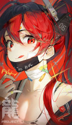 Rule 34 | 1girl, absurdres, bandage on face, bandaged neck, bandages, bandaid, bandaid on hand, bandaid on neck, black bra, blush, bra, bra strap, breasts, cleavage, closed mouth, collarbone, commentary, english text, hair over shoulder, hand on own chest, headgear, highres, licking lips, light particles, long hair, looking at viewer, mask, mask around neck, medium breasts, mouth mask, original, ponytail, red background, red eyes, red hair, red theme, shirt, simple background, sleeveless, sleeveless shirt, solo, soyoong jun, tongue, tongue out, torn clothes, underwear, white shirt