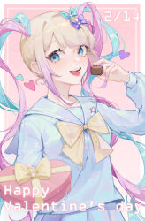 Rule 34 | 1girl, :d, absurdres, blonde hair, blue bow, blue eyes, blue hair, blue nails, blue serafuku, blue shirt, blue skirt, border, bow, box, chocolate, chouzetsusaikawa tenshi-chan, commentary request, cowboy shot, food, gift, gift box, hair bow, hand up, happy valentine, heart, heart-shaped box, highres, holding, holding chocolate, holding food, holding gift, incoming gift, long hair, long sleeves, looking at viewer, mochabobo, multicolored hair, multicolored nails, nail polish, needy girl overdose, open mouth, pink background, pink hair, pink nails, pleated skirt, purple bow, quad tails, sailor collar, school uniform, serafuku, shirt, skirt, smile, solo, standing, twintails, valentine, very long hair, white border, yellow nails