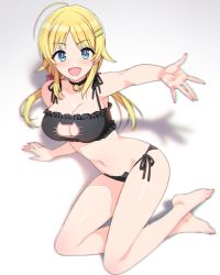 Rule 34 | :d, ahoge, arm support, bare legs, barefoot, bell, black bra, black panties, blonde hair, blue eyes, blurry, bra, breasts, cat cutout, choker, chromatic aberration, cleavage, clothing cutout, depth of field, full body, hachimiya meguru, hair ornament, hairclip, highres, idolmaster, idolmaster shiny colors, jingle bell, large breasts, long hair, looking at viewer, low twintails, meme attire, navel, neck bell, ootomo takuji, open mouth, outstretched hand, panties, side-tie panties, sitting, smile, solo, twintails, underwear, underwear only, yokozuwari
