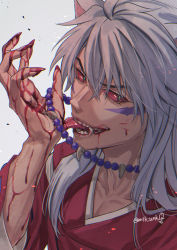 Rule 34 | 1boy, alternate form, bead necklace, beads, blood, blood on face, collarbone, colored sclera, commentary request, fangs, fingernails, green eyes, grey background, grey hair, hair between eyes, highres, inuyasha, inuyasha (character), japanese clothes, jewelry, kariginu, katana, licking, licking hand, long fingernails, long hair, long sleeves, looking at viewer, male focus, messy hair, motobi (mtb umk), necklace, open mouth, red sclera, serious, sharp teeth, sidelocks, simple background, slit pupils, solo, sword, teeth, tongue, tongue out, twitter username, upper body, very long hair, weapon, wide sleeves