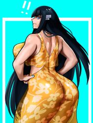 Rule 34 | !, !!, 1girl, absurdres, ass, black hair, blue background, blue eyes, blue nails, blunt bangs, breasts, dress, floral print, from behind, hand on own hip, highres, kill la kill, kiryuuin satsuki, large breasts, long hair, looking back, pepperoni-ravioli, profile, simple background, solo, transparent, transparent dress, very long hair, yellow dress