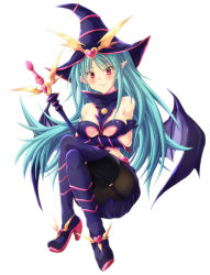 Rule 34 | 1girl, aqua hair, areola slip, ass, bare shoulders, bat wings, black pantyhose, boots, breasts, chocolate magician girl, clothing cutout, collar, crossed arms, crossed legs, duel monster, garter straps, hat, heart, heart cutout, high heels, highres, invisible chair, long hair, miniskirt, panties, panties under pantyhose, pantyhose, pantyshot, pointy ears, red eyes, sitting, skirt, smirk, solo, takayuuki, thigh boots, thighhighs, underboob, underwear, wand, wings, wizard hat, yu-gi-oh!
