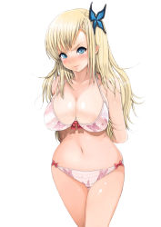 Rule 34 | 10s, 1girl, angry, blonde hair, blue eyes, blush, boku wa tomodachi ga sukunai, bow, bra, breasts, bug, butterfly, cleavage, curvy, holding own arm, bug, kano (kanograph), kashiwazaki sena, large breasts, lingerie, long hair, navel, panties, solo, tears, underwear, underwear only