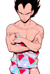 Rule 34 | 1boy, bara, cowboy shot, crossed arms, dragon ball, dragonball z, food, food print, fruit, highres, looking at viewer, male focus, muscular, muscular male, naked towel, pectorals, receding hairline, short hair, sideburns, solo, spiked hair, stomach, supobi, sweat, nervous sweating, thick eyebrows, towel, vegeta, watermelon, watermelon print, watermelon slice