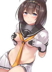 Rule 34 | 1girl, absurdres, akizuki (kancolle), blue eyes, blush, breasts, brown hair, clothes writing, commentary request, covering breasts, covering nipples, covering privates, crotchless skirt, embarrassed, gloves, groin, hachimaki, hair ornament, headband, highres, kantai collection, kiritto, looking at viewer, medium breasts, meme attire, neckerchief, ponytail, revealing clothes, reverse bunnysuit, reverse outfit, sailor collar, school uniform, serafuku, short hair, short sleeves, simple background, skirt, smile, solo, sweatdrop, tearing up, tears, wavy mouth, white background, yellow neckerchief