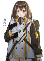 Rule 34 | 1girl, arknights, backpack, bag, black sleeves, brown hair, coat, commentary, earrings, gloves, highres, holding, jewelry, looking at viewer, magallan (arknights), mask, mask around neck, multicolored hair, raitho, short hair, simple background, smile, solo, streaked hair, upper body, white background, white coat, white gloves, white hair, yellow eyes