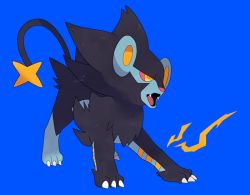 Rule 34 | black background, black fur, claws, colored sclera, commentary request, creatures (company), fangs, full body, game freak, gen 4 pokemon, jaho, luxray, nintendo, no humans, open mouth, pink sclera, pokemon, pokemon (creature), simple background, solo, standing, tongue, yellow eyes, yellow pupils