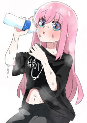 Rule 34 | 1girl, baggy clothes, black shirt, blue eyes, blush, bocchi the rock!, bottle, clothes lift, commentary request, cube hair ornament, dripping, gotoh hitori, h14 drawing, hair ornament, holding, holding bottle, kessoku band, long bangs, long hair, looking at viewer, navel, open mouth, pink hair, shirt, shirt lift, side ponytail, simple background, solo, steam, steaming body, sweat, water bottle, white background