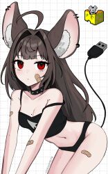 Rule 34 | 1girl, ahoge, animal ear fluff, animal ear piercing, animal ears, artist name, bandaid, bandaid on arm, bandaid on cheek, bandaid on face, bandaid on leg, black panties, black shirt, breasts, brown hair, cable, cable tail, cheese, choker, cleavage, cropped shirt, food, grid background, hair intakes, highres, icon (computing), kemonomimi mode, long hair, looking at viewer, mechanical tail, mole, mole on breast, mole under eye, mouse (animal), mouse ears, mouse girl, original, panties, red eyes, shirt, solo, spaghetti strap, spiked choker, spikes, strap slip, tail, tail raised, underwear, usb, vickie (cryingrobot), vickie (cryingrobot) (character), white background