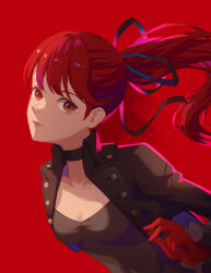 Rule 34 | 1girl, black choker, black jacket, black ribbon, breasts, choker, cleavage, collarbone, floating hair, gloves, hair ribbon, highres, jacket, layered sleeves, long hair, long sleeves, looking at viewer, open clothes, open jacket, parted lips, persona, persona 5, persona 5 the royal, ponytail, red background, red eyes, red gloves, red hair, reveen, ribbon, small breasts, solo, upper body, yoshizawa kasumi