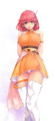 Rule 34 | 1girl, ahoge, arms behind back, bare shoulders, blush, boots, breasts, earrings, final fantasy, final fantasy v, green eyes, jewelry, kirishima satoshi, large breasts, lenna charlotte tycoon, looking at viewer, orange shirt, orange skirt, parted lips, pink hair, red hair, shirt, short hair, skirt, sleeveless, smile, solo, standing, tachi-e, thigh boots, thigh strap, thighhighs, white background