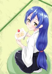 Rule 34 | 1girl, absurdres, alternate hairstyle, artist name, artist request, black skirt, blue hair, blue hakama, blue skirt, blush, breasts, collarbone, female focus, fork, full body, hair between eyes, hair ribbon, hair tie, hakama, hakama skirt, highres, holding, holding fork, holding plate, indoors, japanese clothes, kimono, layered skirt, long hair, long sleeves, looking at viewer, love live!, love live! school idol festival, love live! school idol project, low ponytail, medium breasts, miniskirt, parted lips, plaid, plaid kimono, plaid skirt, plate, pleated, pleated skirt, ponytail, purple ribbon, ribbon, short sleeves, sideboob, sitting, skirt, smile, socks, solo, sonoda umi, white kimono, yellow eyes