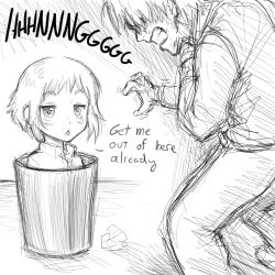 Rule 34 | 10s, 1boy, 1girl, 4chan, :&lt;, armless amputee, bucket, comic, double amputee, english text, greyscale, heart attack, in bucket, in container, indoors, katawa shoujo, lowres, meme, monochrome, nakai hisao, open mouth, pimmy, short hair, sketch, so moe i&#039;m gonna die!, tezuka rin, trash can