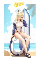 1girl absurdres animal_ear_fluff animal_ears ansauce blonde_hair blue_archive blue_eyes blue_halo blue_sky breasts cloud commentary competition_swimsuit covered_navel day dog_ears dog_girl extra_ears full_body hair_over_one_eye halo highleg highleg_one-piece_swimsuit highres innertube kanna_(blue_archive) kanna_(swimsuit)_(blue_archive) large_breasts long_hair looking_at_viewer mouth_hold notched_ear official_alternate_costume one-piece_swimsuit one_eye_covered outdoors outside_border ponytail sandals sitting sky solo surfboard swim_ring swimsuit tsurime whistle whistle_around_neck white_one-piece_swimsuit