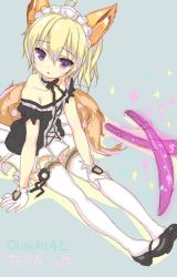 Rule 34 | 1girl, animal ears, bare shoulders, black dress, blonde hair, dog ears, dog tail, dress, elin, emily (pure dream), gloves, long hair, maid, maid headdress, mary janes, ponytail, shoes, short dress, sitting, sketch, solo, strapless, strapless dress, sword, tail, tera online, thighhighs, weapon, white gloves, white thighhighs