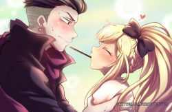 Rule 34 | 1boy, 1girl, black bow, black hair, blonde hair, blush, bow, braid, coat, commentary, criis-chan, danganronpa (series), earrings, closed eyes, facing another, from side, hair bow, happy, heart, height difference, jewelry, long hair, looking at another, pink scarf, pocky day, ponytail, profile, purple coat, scarf, short hair, shoulder grab, smile, sonia nevermind, danganronpa 2: goodbye despair, sweat, tanaka gundham, trembling, upper body, very short hair