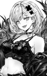 Rule 34 | 1girl, alter ego malevolent (granblue fantasy), armpit crease, bare shoulders, breasts, camisole, choker, cleavage, coat, crop top, djeeta (granblue fantasy), earrings, fangs, feather boa, granblue fantasy, greyscale, groin, hair ornament, highres, jewelry, looking at viewer, medium breasts, monochrome, monogrbl, navel, off shoulder, open mouth, smile, solo, tongue, tongue out, upper body, x hair ornament