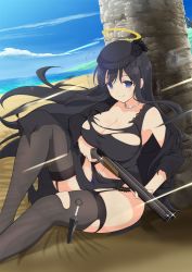 Rule 34 | 10s, 1girl, black hair, blue eyes, blush, breasts, cleavage, curvy, female focus, gun, jewelry, large breasts, long hair, looking at viewer, necklace, official art, ryouki (senran kagura), senran kagura, shotgun, sitting, smile, solo, summer, thick thighs, thighhighs, thighs, torn clothes, weapon, wide hips