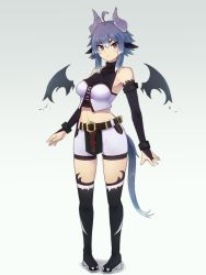 Rule 34 | 1girl, ahoge, belt, black footwear, black gloves, boots, breasts, bridal gauntlets, commentary request, demon girl, detached wings, elbow gloves, gloves, gradient background, grey background, grey hair, hair between eyes, highres, horns, looking at viewer, medium breasts, midriff, original, pigeon-toed, purple eyes, short hair, shorts, simple background, solo, standing, tail, thigh boots, thighhighs, white shorts, wings, yonaga san