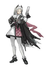 Rule 34 | 1girl, absurdres, ammunition belt, anklet, arknights, black dress, black footwear, black gloves, dress, earrings, full body, gloves, grey eyes, grey hair, gun, hand on own hip, hand up, head wings, highres, holding, holding gun, holding weapon, holster, irene (arknights), jewelry, long hair, long sleeves, looking at viewer, multicolored clothes, multicolored dress, ningmengxiajiao, pantyhose, pink dress, scabbard, sheath, simple background, solo, weapon, white background, white dress, white pantyhose, wings
