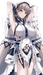 Rule 34 | 1girl, armpits, arms up, azur lane, blush, breasts, choker, closed mouth, clothing cutout, cowboy shot, dress, formidable (azur lane), formidable (timeless classics) (azur lane), grey hair, highres, large breasts, long hair, looking at viewer, navel, navel cutout, nicky w, official alternate costume, red eyes, sailor collar, simple background, solo, thighs, veil, white background, white dress