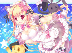 Rule 34 | 1girl, :d, animal ears, beatmania, beatmania iidx, blonde hair, blush, breasts, cat, cat ears, cat hair ornament, cleavage, dress, finger to mouth, frills, gloves, hair ornament, hair ribbon, hinata momo, long hair, multicolored hair, open mouth, red eyes, ribbon, smile, solo, star (symbol), stuffed animal, stuffed cat, stuffed toy, the knee socks princess of glass, two-tone hair, very long hair, wrist cuffs