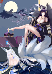 Rule 34 | 2girls, 3 a.m., absurdres, animal ear fluff, animal ears, azur lane, bare shoulders, beads, black kimono, black skirt, blue butterfly, blue eyes, blue kimono, breasts, bug, butterfly, cleavage, detached collar, facial mark, feet, fox ears, fox girl, fox tail, full body, full moon, fur-trimmed kimono, fur trim, hand on own chin, hand under clothes, highres, huge breasts, insect, japanese clothes, jewelry, kimono, kitsune, kyuubi, large breasts, large tail, long hair, long sleeves, lying, magatama, magatama necklace, microskirt, moon, multiple girls, multiple tails, musashi (azur lane), nail polish, necklace, on stomach, pleated skirt, prayer beads, purple hair, shinano (azur lane), skirt, skirt under kimono, smile, tail, thighhighs, very long hair, whisker markings, white hair, white skirt, white tail, white thighhighs, wide sleeves, yellow eyes