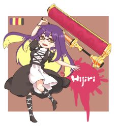 Rule 34 | 1girl, ankle lace-up, arm up, black dress, blonde hair, boots, character name, cross-laced footwear, dress, dynamo roller, hijiri byakuren, knee boots, layered dress, long hair, mayoln, multicolored hair, nintendo, open mouth, paint roller, puffy sleeves, purple hair, smile, solo, splatoon (series), splatoon 1, tentacle hair, touhou, two-tone hair, very long hair, white dress, yellow eyes